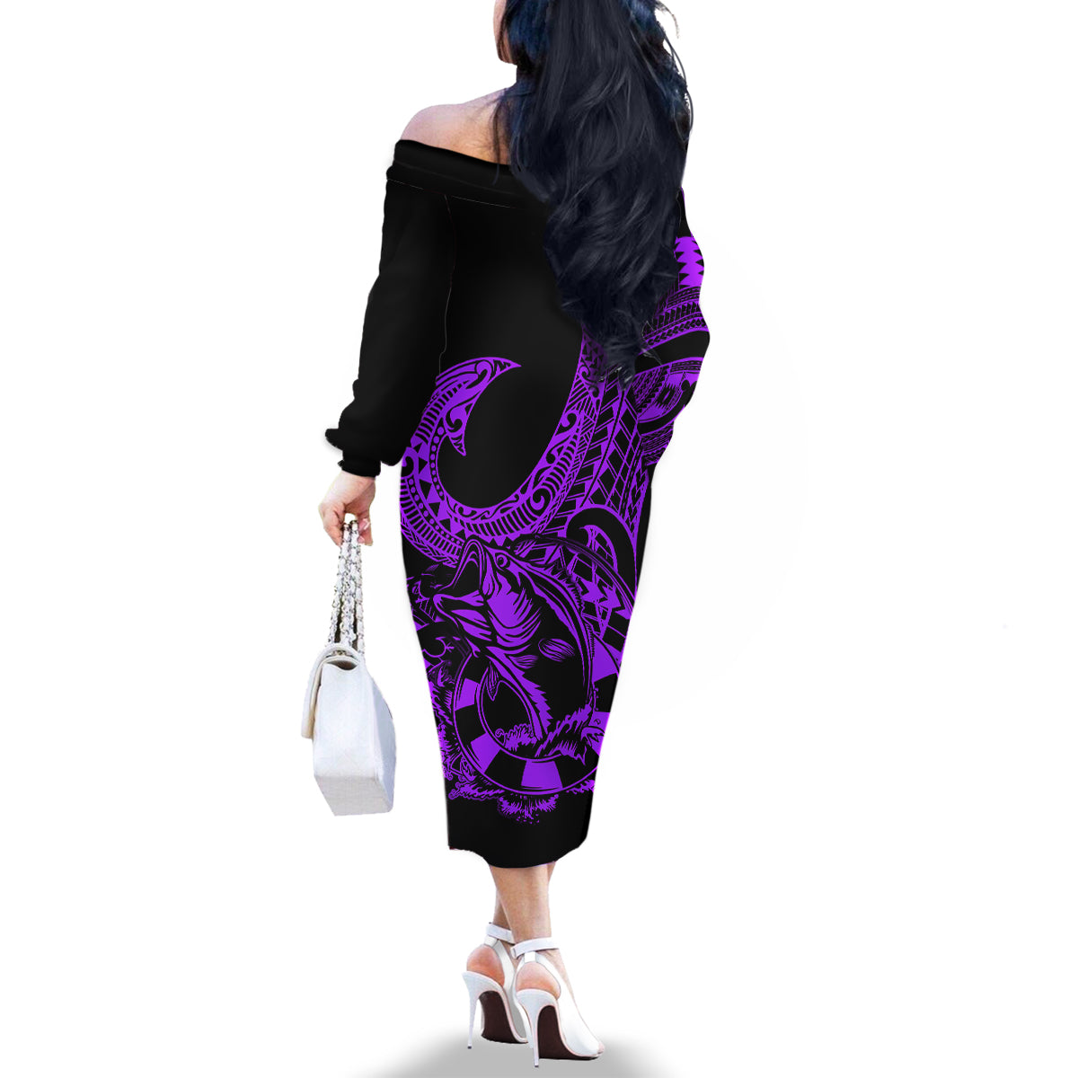 Polynesia Family Matching Off Shoulder Long Sleeve Dress and Hawaiian Shirt Fish Hook Tattoo Go Fishing Polynesian Pattern Purple LT14 - Polynesian Pride