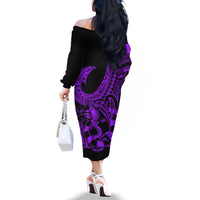 Polynesia Family Matching Off Shoulder Long Sleeve Dress and Hawaiian Shirt Fish Hook Tattoo Go Fishing Polynesian Pattern Purple LT14 - Polynesian Pride