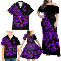 Polynesia Family Matching Off Shoulder Maxi Dress and Hawaiian Shirt Fish Hook Tattoo Go Fishing Polynesian Pattern Purple LT14 - Polynesian Pride