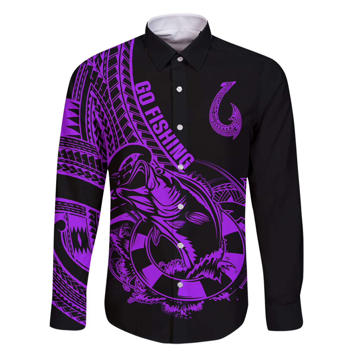 Polynesia Family Matching Off Shoulder Maxi Dress and Hawaiian Shirt Fish Hook Tattoo Go Fishing Polynesian Pattern Purple LT14 Dad's Shirt - Long Sleeve Purple - Polynesian Pride