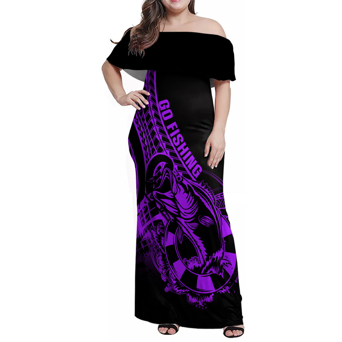 Polynesia Family Matching Off Shoulder Maxi Dress and Hawaiian Shirt Fish Hook Tattoo Go Fishing Polynesian Pattern Purple LT14 Mom's Dress Purple - Polynesian Pride