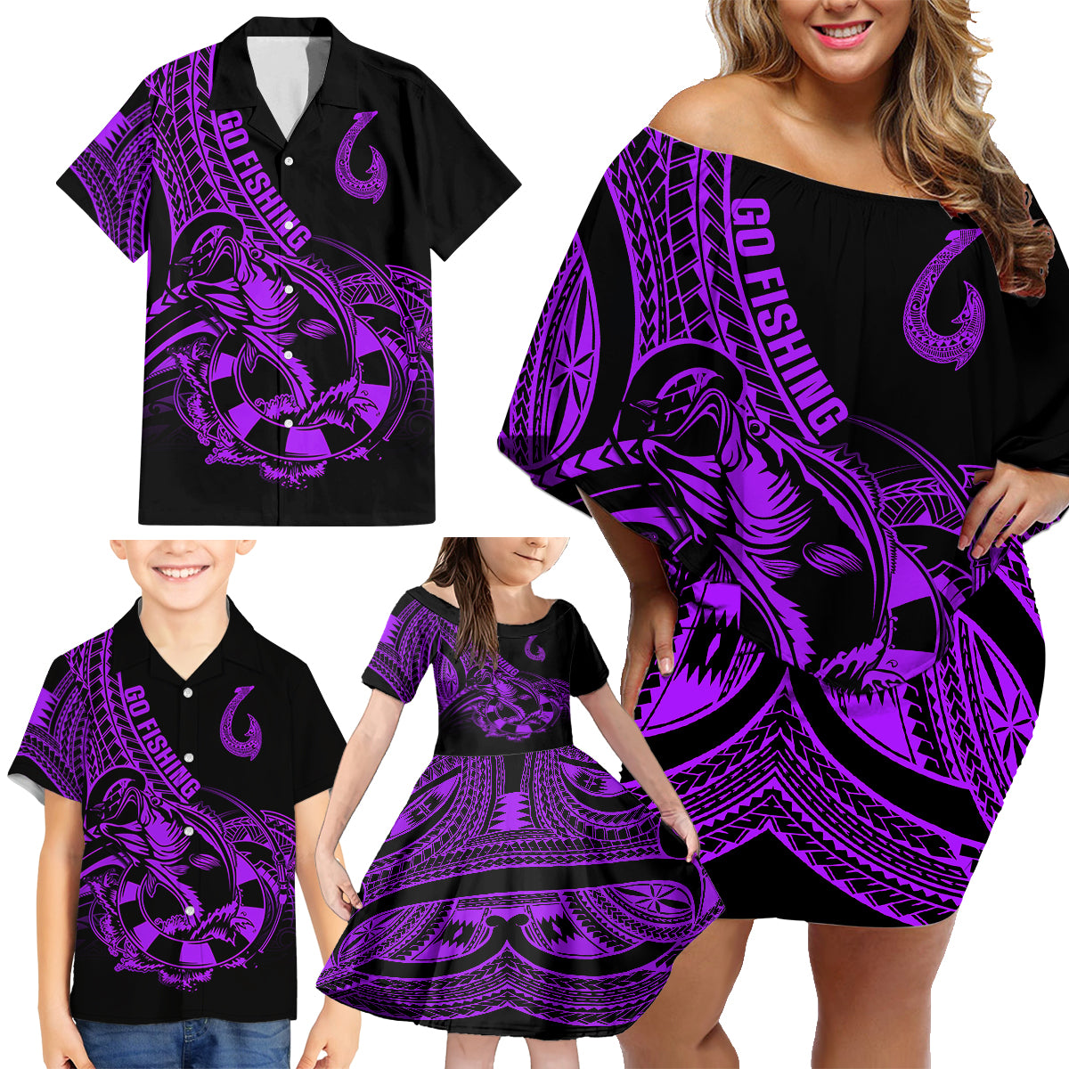 Polynesia Family Matching Off Shoulder Short Dress and Hawaiian Shirt Fish Hook Tattoo Go Fishing Polynesian Pattern Purple LT14 - Polynesian Pride