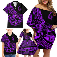 Polynesia Family Matching Off Shoulder Short Dress and Hawaiian Shirt Fish Hook Tattoo Go Fishing Polynesian Pattern Purple LT14 - Polynesian Pride