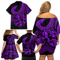 Polynesia Family Matching Off Shoulder Short Dress and Hawaiian Shirt Fish Hook Tattoo Go Fishing Polynesian Pattern Purple LT14 - Polynesian Pride