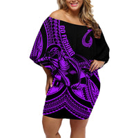 Polynesia Family Matching Off Shoulder Short Dress and Hawaiian Shirt Fish Hook Tattoo Go Fishing Polynesian Pattern Purple LT14 Mom's Dress Purple - Polynesian Pride