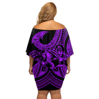 Polynesia Family Matching Off Shoulder Short Dress and Hawaiian Shirt Fish Hook Tattoo Go Fishing Polynesian Pattern Purple LT14 - Polynesian Pride