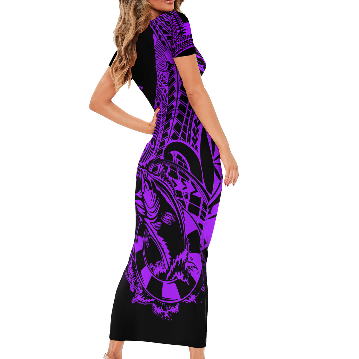 Polynesia Family Matching Short Sleeve Bodycon Dress and Hawaiian Shirt Fish Hook Tattoo Go Fishing Polynesian Pattern Purple LT14 - Polynesian Pride
