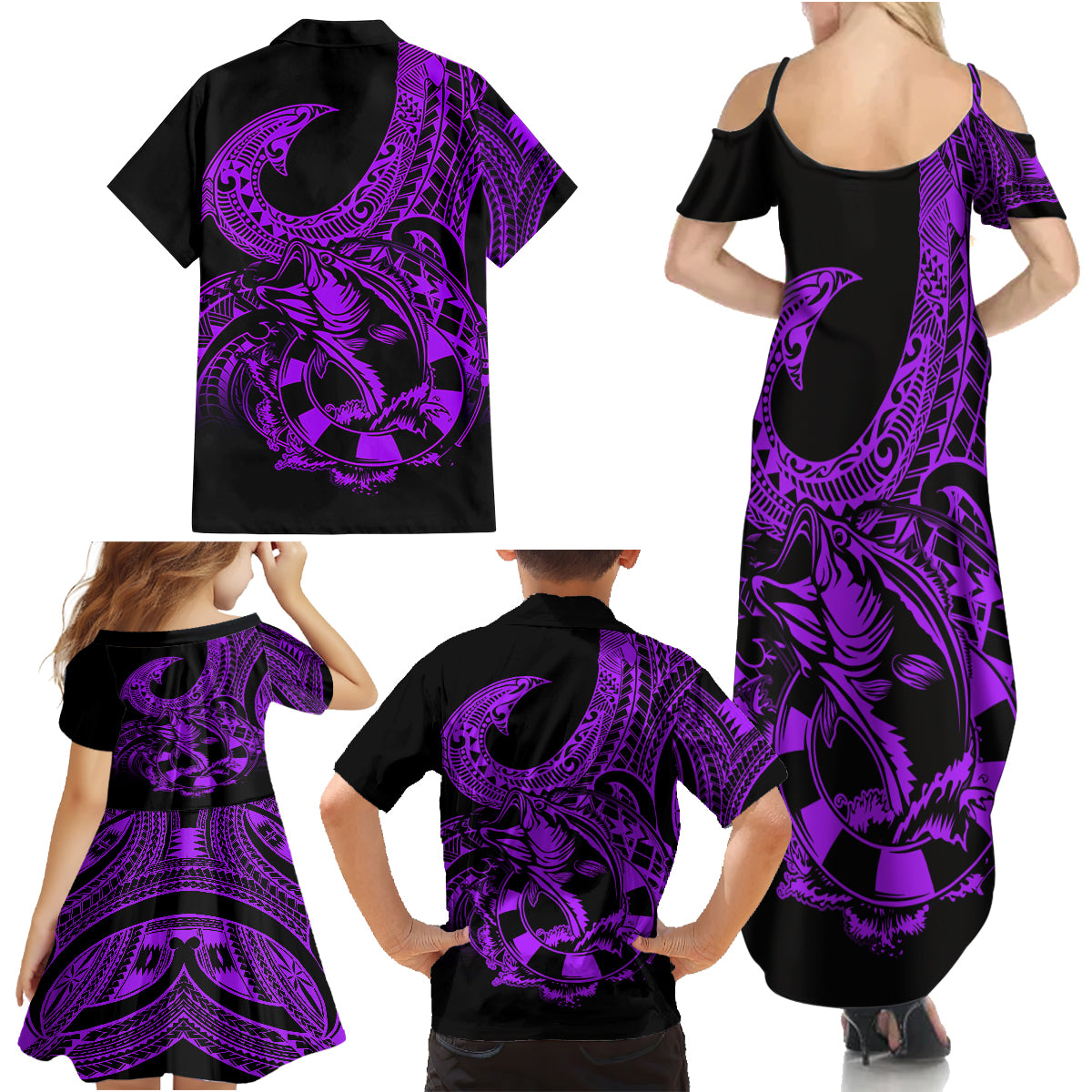 Polynesia Family Matching Summer Maxi Dress and Hawaiian Shirt Fish Hook Tattoo Go Fishing Polynesian Pattern Purple LT14 - Polynesian Pride