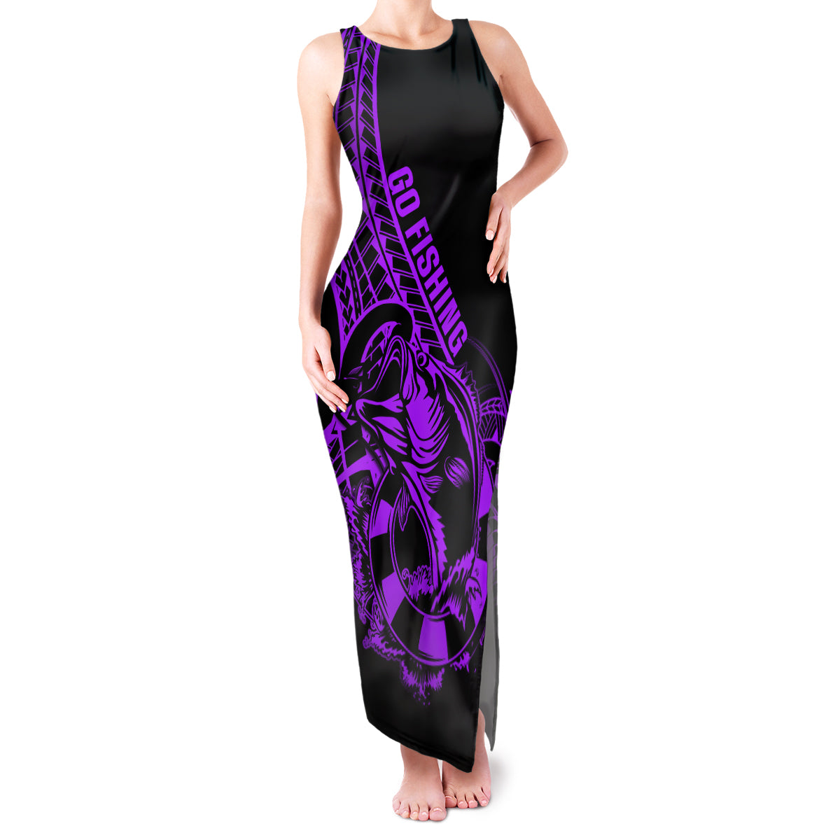 Polynesia Family Matching Tank Maxi Dress and Hawaiian Shirt Fish Hook Tattoo Go Fishing Polynesian Pattern Purple LT14 Mom's Dress Purple - Polynesian Pride