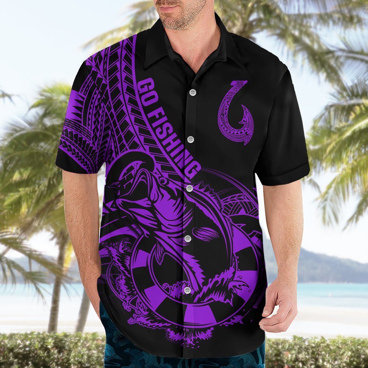 Polynesia Hawaiian Shirt Fish Hook Tattoo Go Fishing Polynesian Pattern Purple LT14 - Polynesian Pride