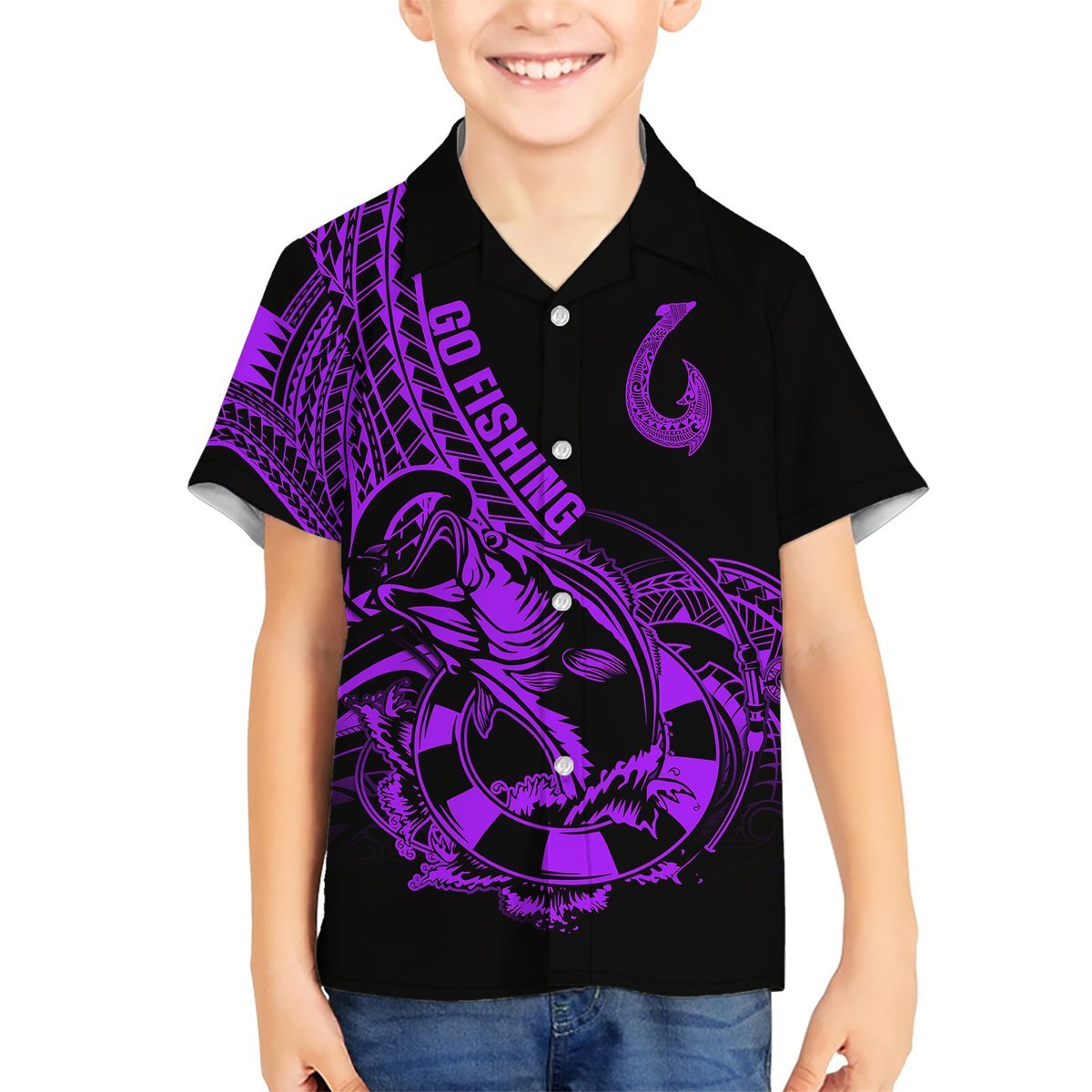 Polynesia Hawaiian Shirt Fish Hook Tattoo Go Fishing Polynesian Pattern Purple LT14 - Polynesian Pride