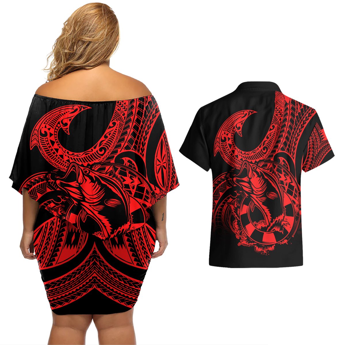 polynesia-couples-matching-off-shoulder-short-dress-and-hawaiian-shirt-fish-hook-tattoo-go-fishing-polynesian-pattern-red