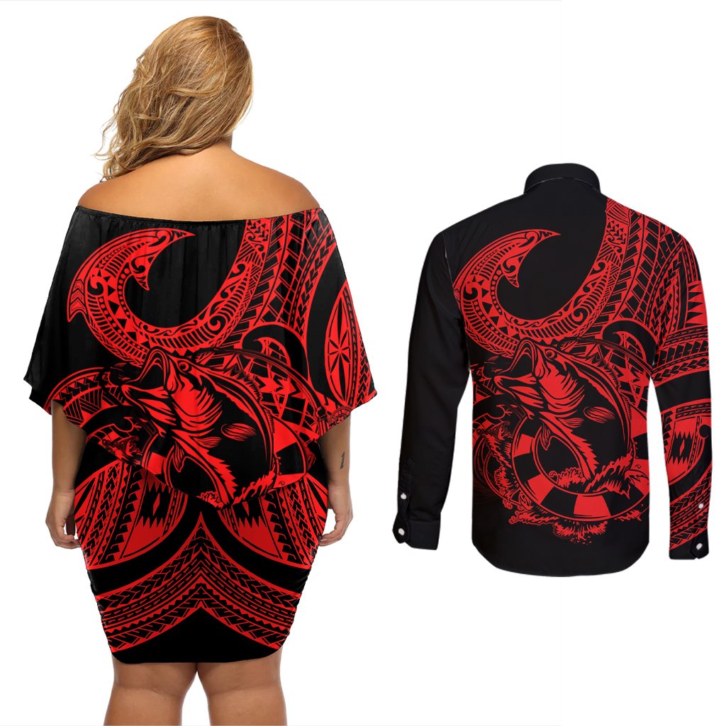 polynesia-couples-matching-off-shoulder-short-dress-and-long-sleeve-button-shirts-fish-hook-tattoo-go-fishing-polynesian-pattern-red