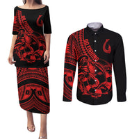 polynesia-couples-matching-puletasi-dress-and-long-sleeve-button-shirts-fish-hook-tattoo-go-fishing-polynesian-pattern-red