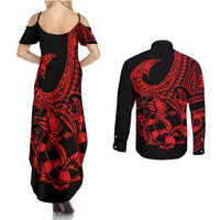 Polynesia Couples Matching Summer Maxi Dress and Long Sleeve Button Shirts Fish Hook Tattoo Go Fishing Polynesian Pattern Red LT14 - Polynesian Pride