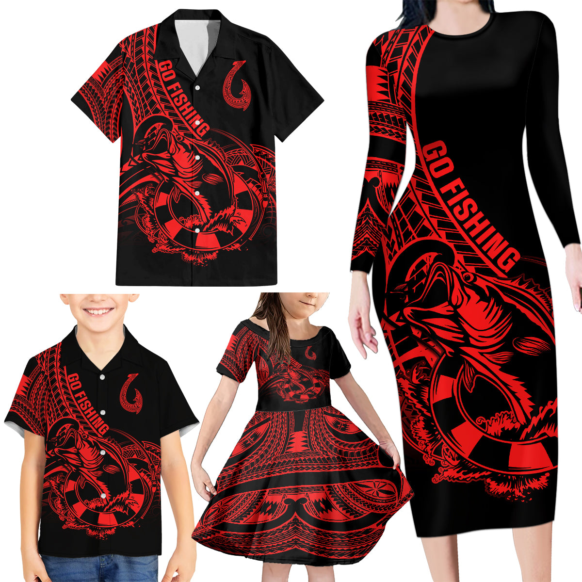 Polynesia Family Matching Long Sleeve Bodycon Dress and Hawaiian Shirt Fish Hook Tattoo Go Fishing Polynesian Pattern Red LT14 - Polynesian Pride