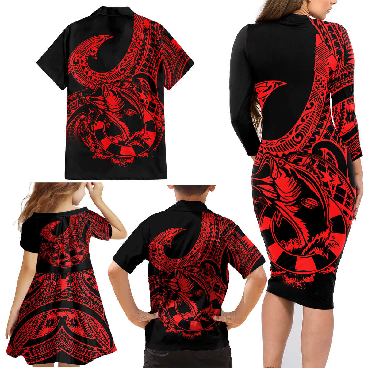 Polynesia Family Matching Long Sleeve Bodycon Dress and Hawaiian Shirt Fish Hook Tattoo Go Fishing Polynesian Pattern Red LT14 - Polynesian Pride