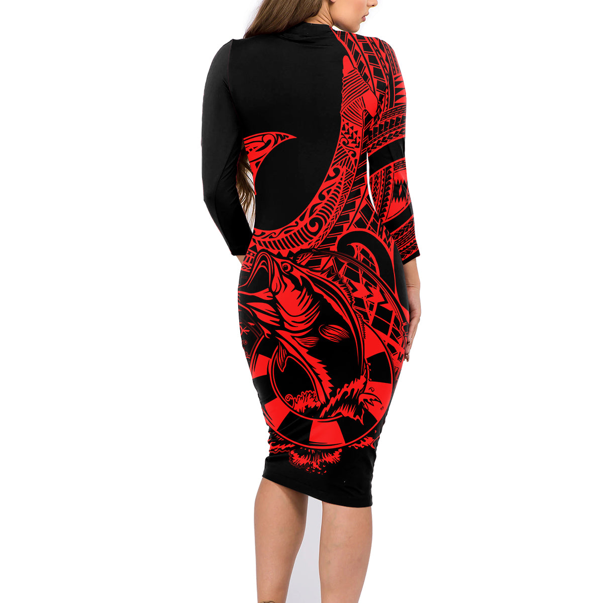 Polynesia Family Matching Long Sleeve Bodycon Dress and Hawaiian Shirt Fish Hook Tattoo Go Fishing Polynesian Pattern Red LT14 - Polynesian Pride