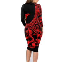 Polynesia Family Matching Long Sleeve Bodycon Dress and Hawaiian Shirt Fish Hook Tattoo Go Fishing Polynesian Pattern Red LT14 - Polynesian Pride