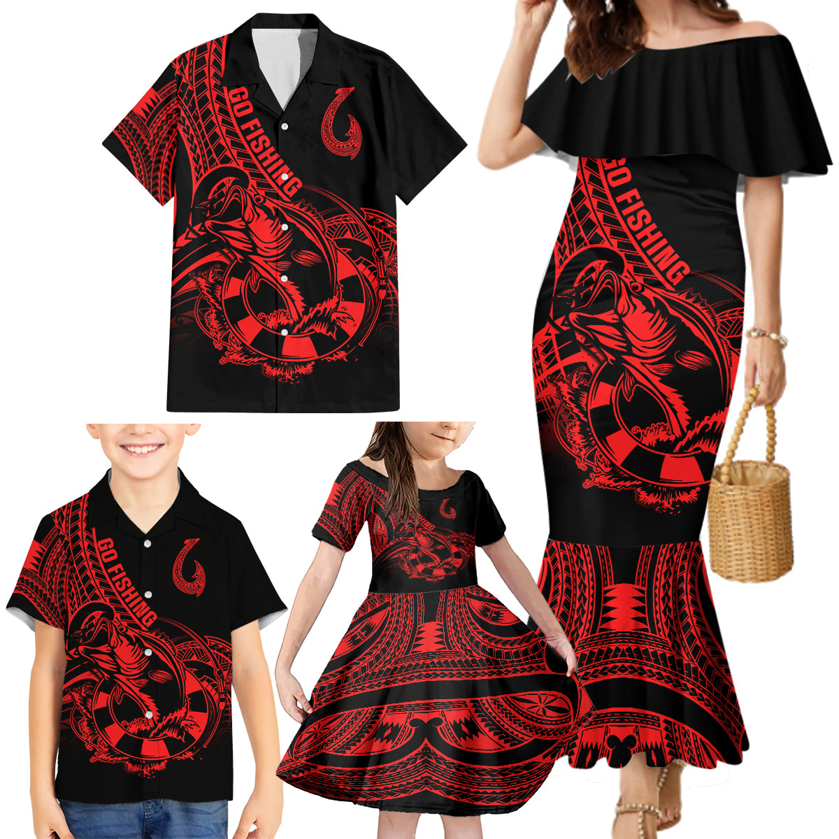 Polynesia Family Matching Mermaid Dress and Hawaiian Shirt Fish Hook Tattoo Go Fishing Polynesian Pattern Red LT14 - Polynesian Pride