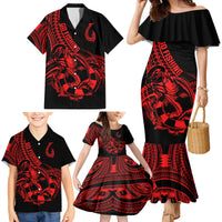 Polynesia Family Matching Mermaid Dress and Hawaiian Shirt Fish Hook Tattoo Go Fishing Polynesian Pattern Red LT14 - Polynesian Pride