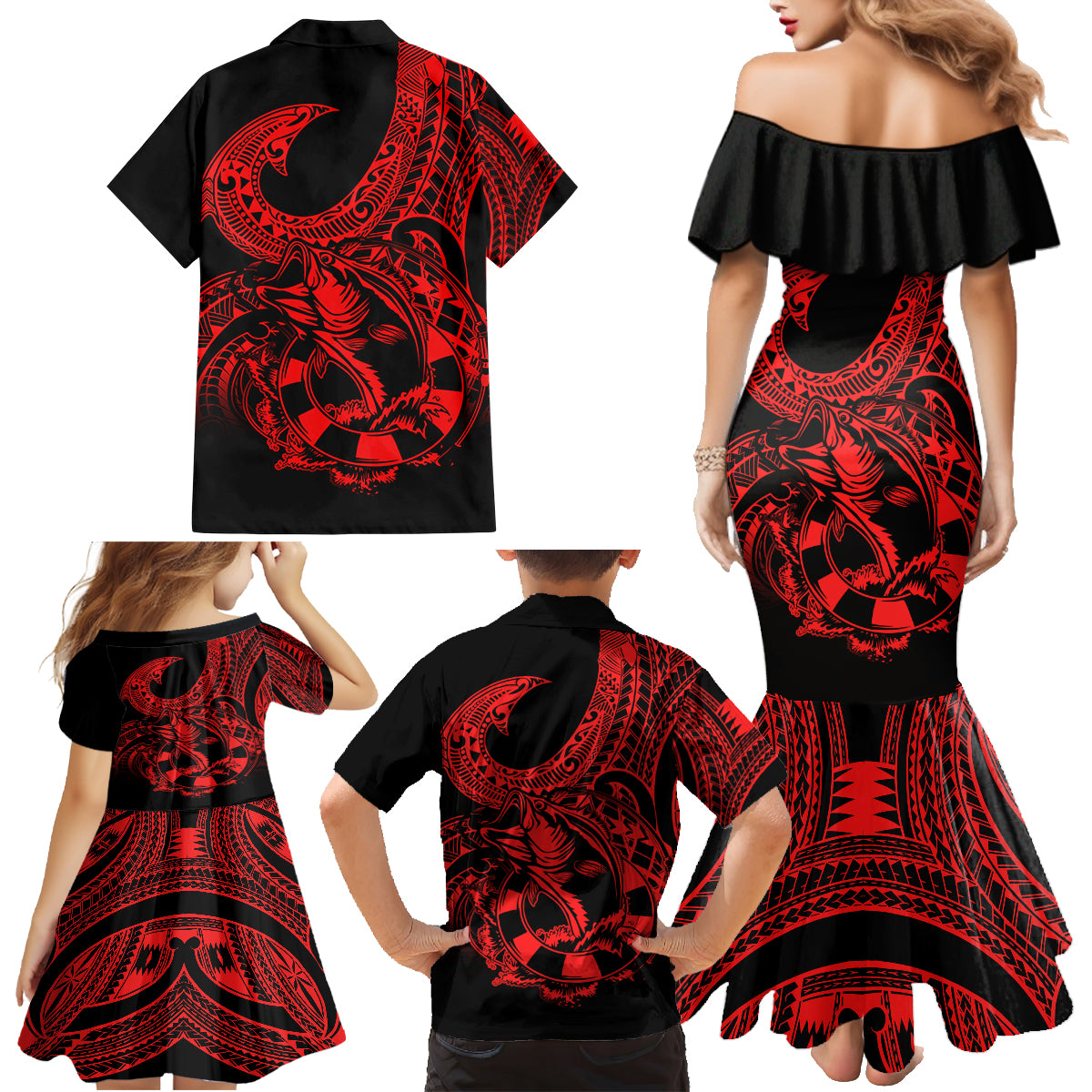 Polynesia Family Matching Mermaid Dress and Hawaiian Shirt Fish Hook Tattoo Go Fishing Polynesian Pattern Red LT14 - Polynesian Pride