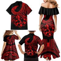 Polynesia Family Matching Mermaid Dress and Hawaiian Shirt Fish Hook Tattoo Go Fishing Polynesian Pattern Red LT14 - Polynesian Pride