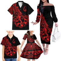 Polynesia Family Matching Off Shoulder Long Sleeve Dress and Hawaiian Shirt Fish Hook Tattoo Go Fishing Polynesian Pattern Red LT14 - Polynesian Pride