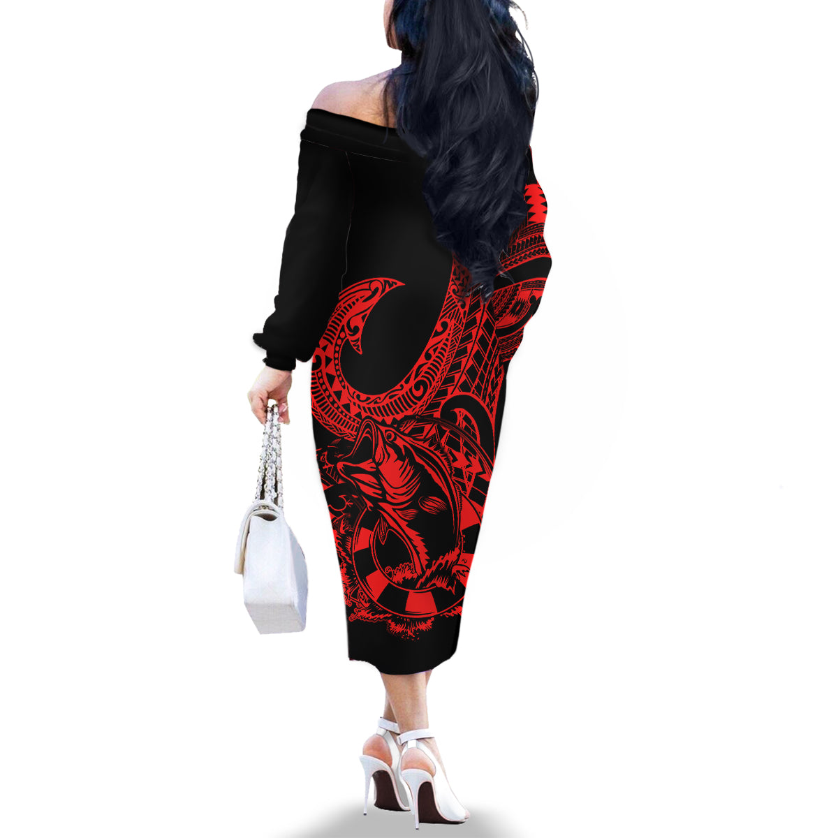 Polynesia Family Matching Off Shoulder Long Sleeve Dress and Hawaiian Shirt Fish Hook Tattoo Go Fishing Polynesian Pattern Red LT14 - Polynesian Pride