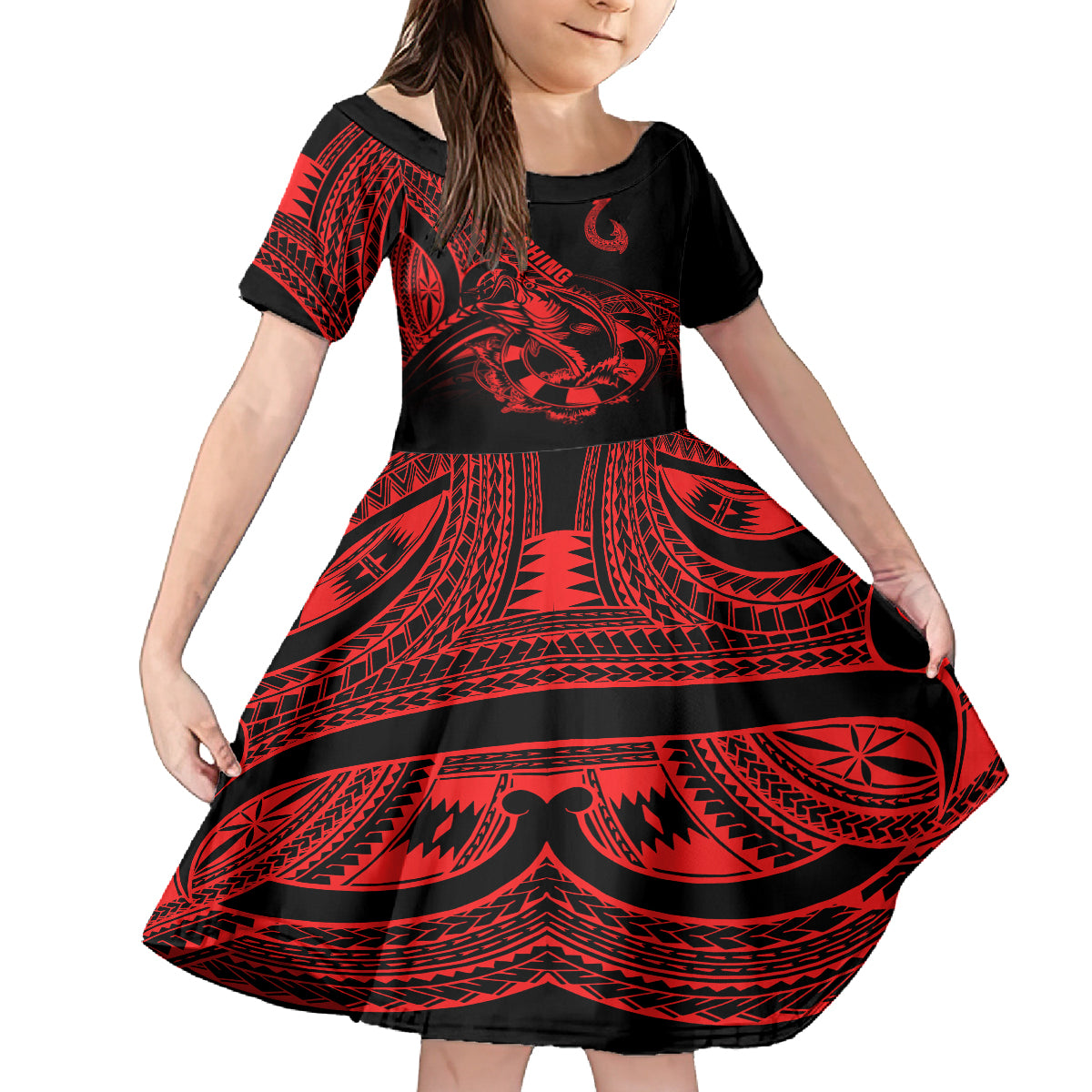 Polynesia Family Matching Off Shoulder Maxi Dress and Hawaiian Shirt Fish Hook Tattoo Go Fishing Polynesian Pattern Red LT14 Daughter's Dress Red - Polynesian Pride