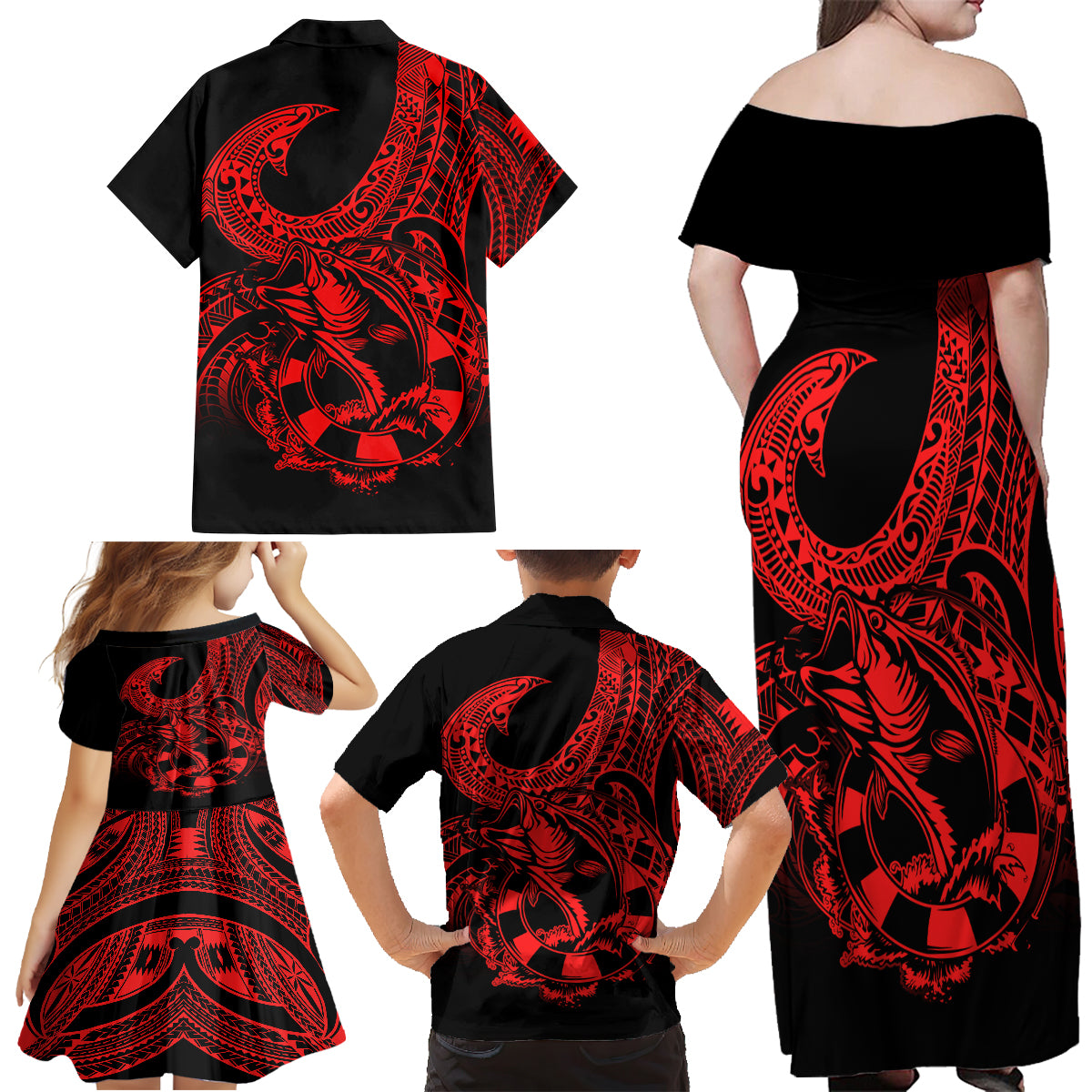 Polynesia Family Matching Off Shoulder Maxi Dress and Hawaiian Shirt Fish Hook Tattoo Go Fishing Polynesian Pattern Red LT14 - Polynesian Pride