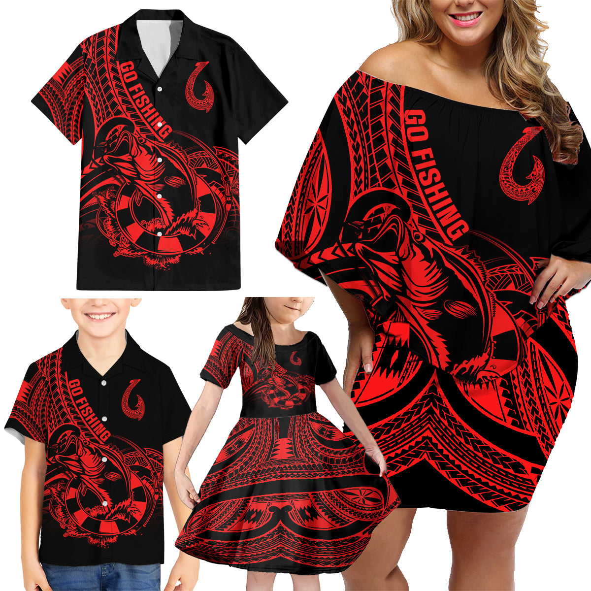 Polynesia Family Matching Off Shoulder Short Dress and Hawaiian Shirt Fish Hook Tattoo Go Fishing Polynesian Pattern Red LT14 - Polynesian Pride