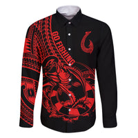 Polynesia Family Matching Off Shoulder Short Dress and Hawaiian Shirt Fish Hook Tattoo Go Fishing Polynesian Pattern Red LT14 Dad's Shirt - Long Sleeve Red - Polynesian Pride