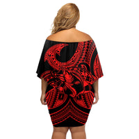 Polynesia Family Matching Off Shoulder Short Dress and Hawaiian Shirt Fish Hook Tattoo Go Fishing Polynesian Pattern Red LT14 - Polynesian Pride