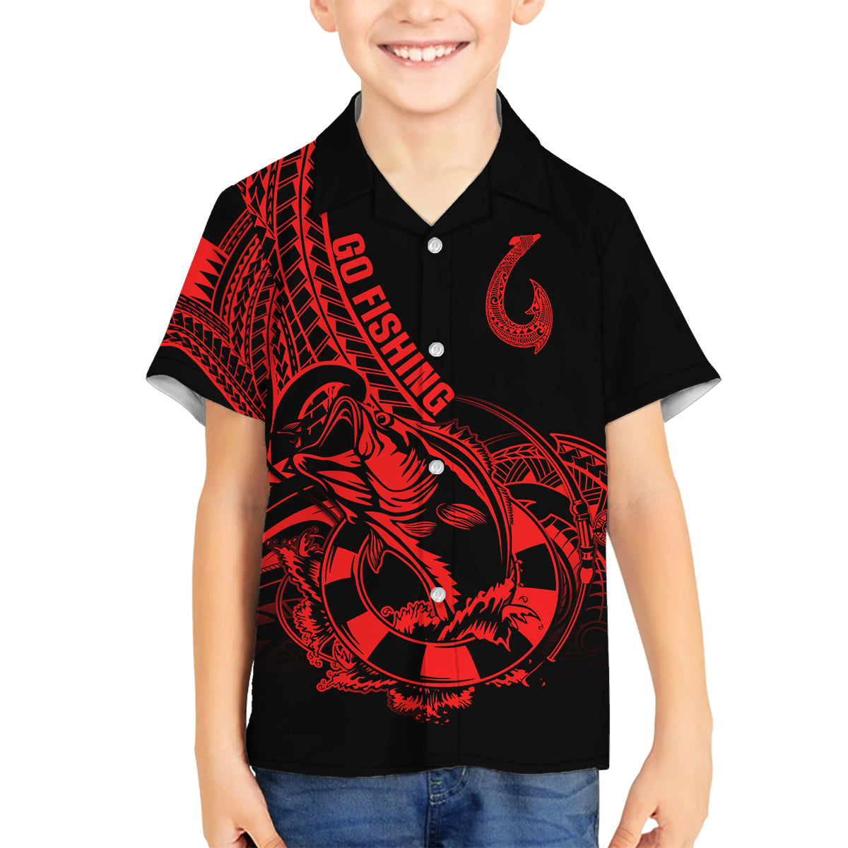 Polynesia Family Matching Off Shoulder Short Dress and Hawaiian Shirt Fish Hook Tattoo Go Fishing Polynesian Pattern Red LT14 Son's Shirt Red - Polynesian Pride