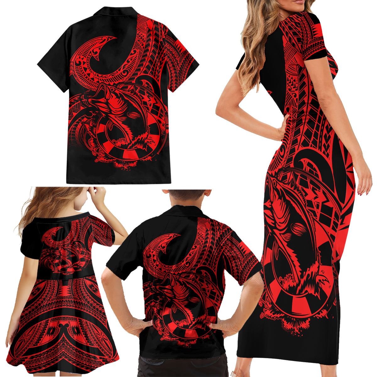 Polynesia Family Matching Short Sleeve Bodycon Dress and Hawaiian Shirt Fish Hook Tattoo Go Fishing Polynesian Pattern Red LT14 - Polynesian Pride