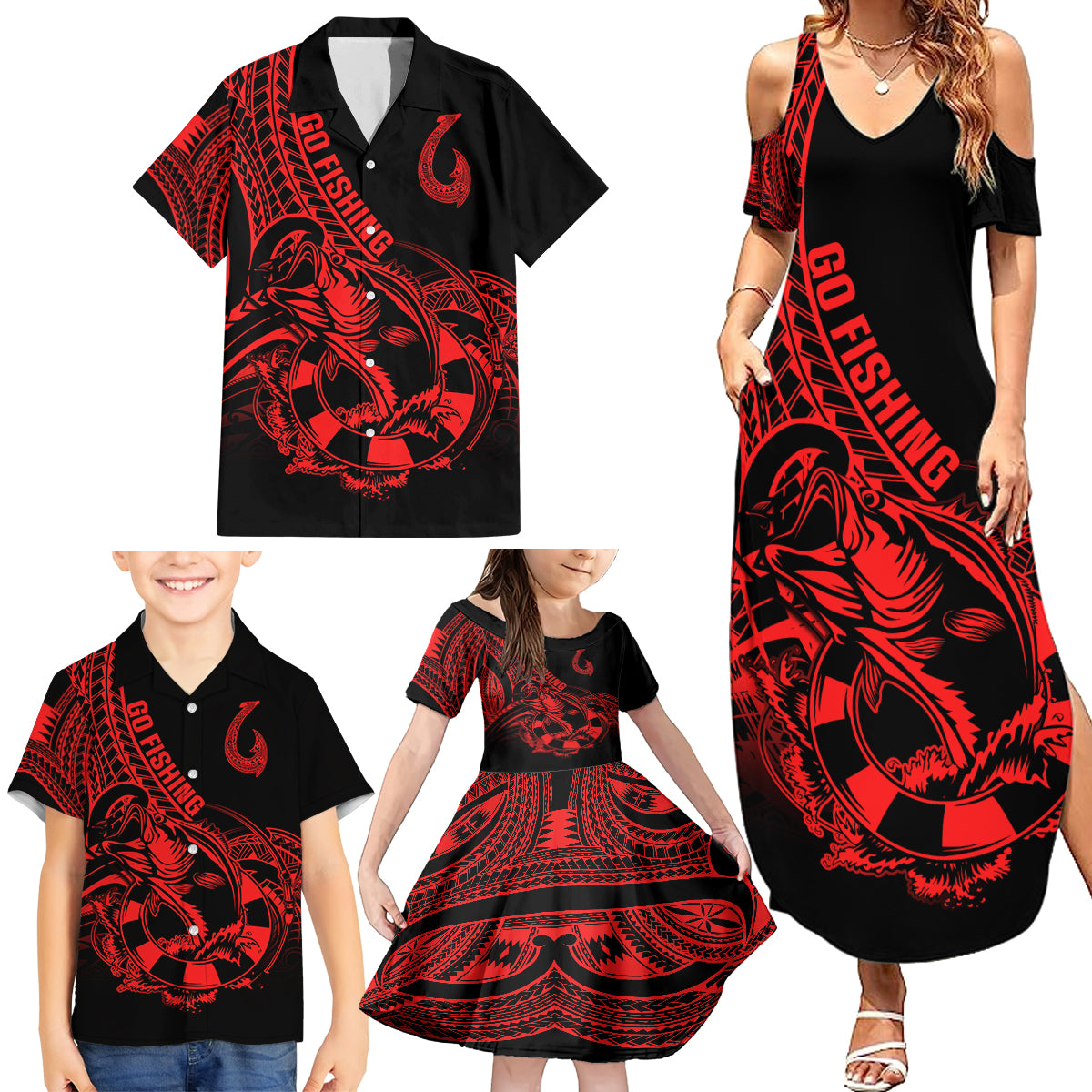 Polynesia Family Matching Summer Maxi Dress and Hawaiian Shirt Fish Hook Tattoo Go Fishing Polynesian Pattern Red LT14 - Polynesian Pride