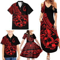 Polynesia Family Matching Summer Maxi Dress and Hawaiian Shirt Fish Hook Tattoo Go Fishing Polynesian Pattern Red LT14 - Polynesian Pride