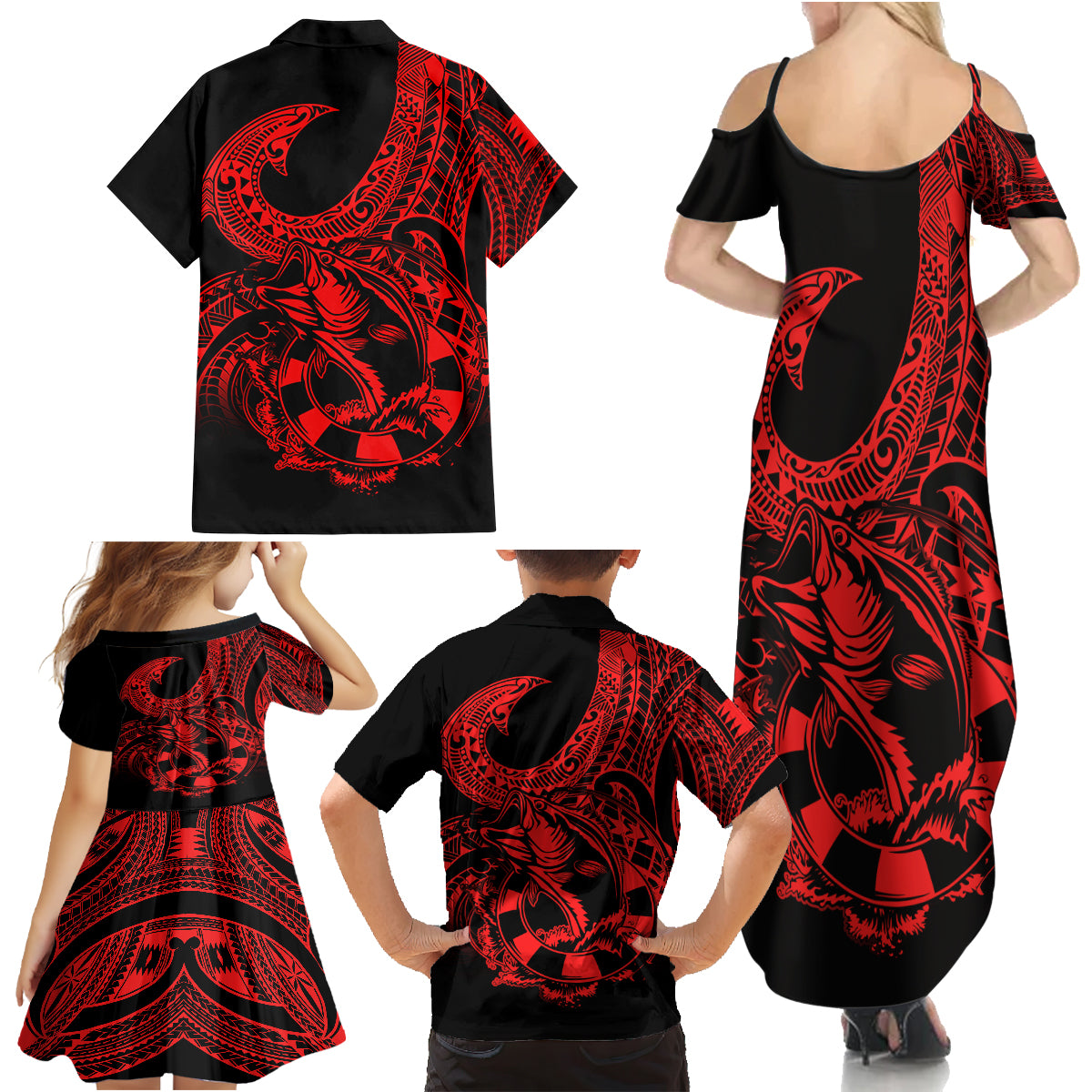 Polynesia Family Matching Summer Maxi Dress and Hawaiian Shirt Fish Hook Tattoo Go Fishing Polynesian Pattern Red LT14 - Polynesian Pride