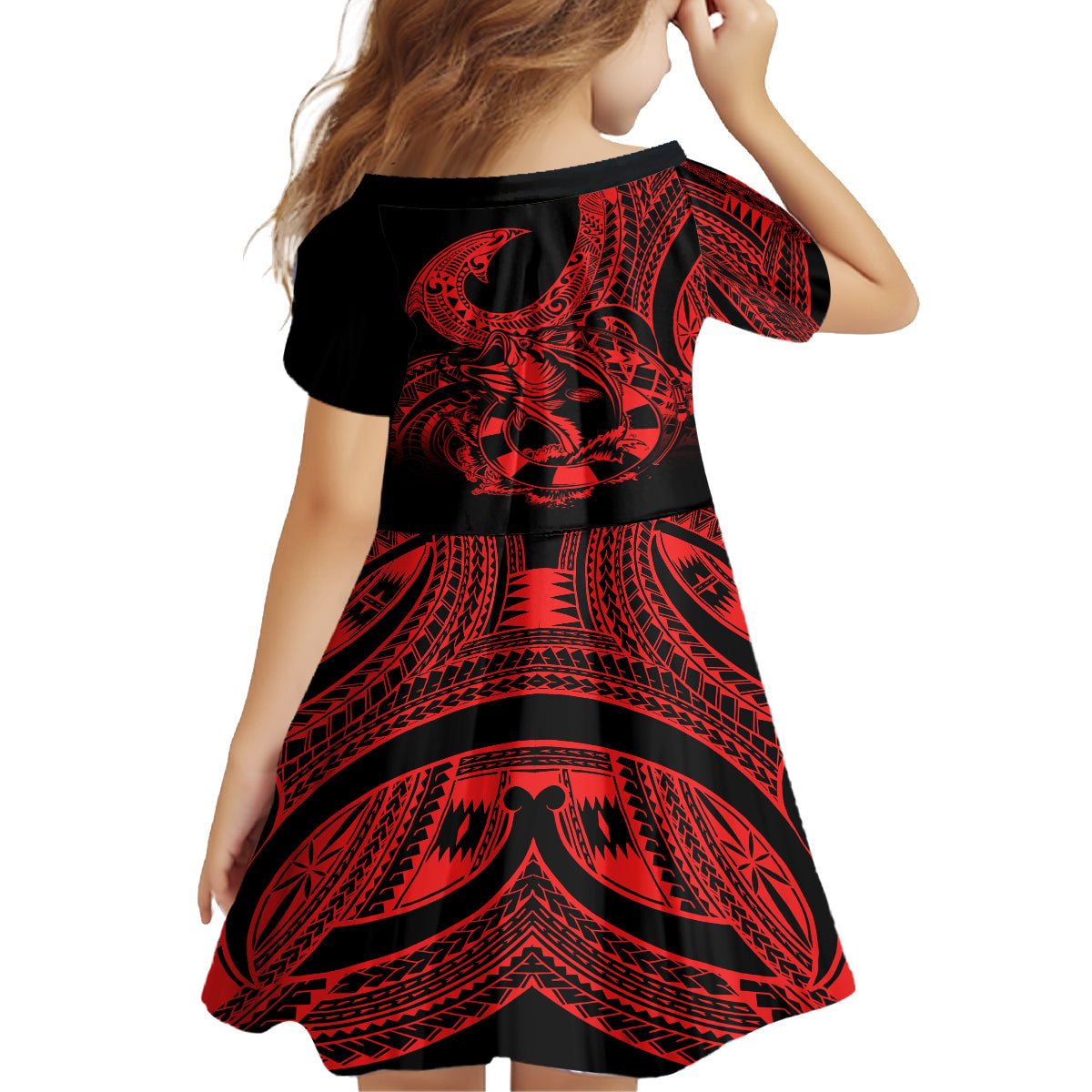 polynesia-kid-short-sleeve-dress-fish-hook-tattoo-go-fishing-polynesian-pattern-red