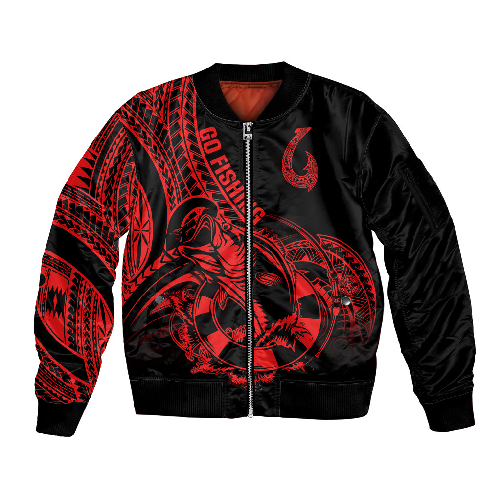 Polynesia Sleeve Zip Bomber Jacket Fish Hook Tattoo Go Fishing Polynesian Pattern Red LT14 Unisex Red - Polynesian Pride