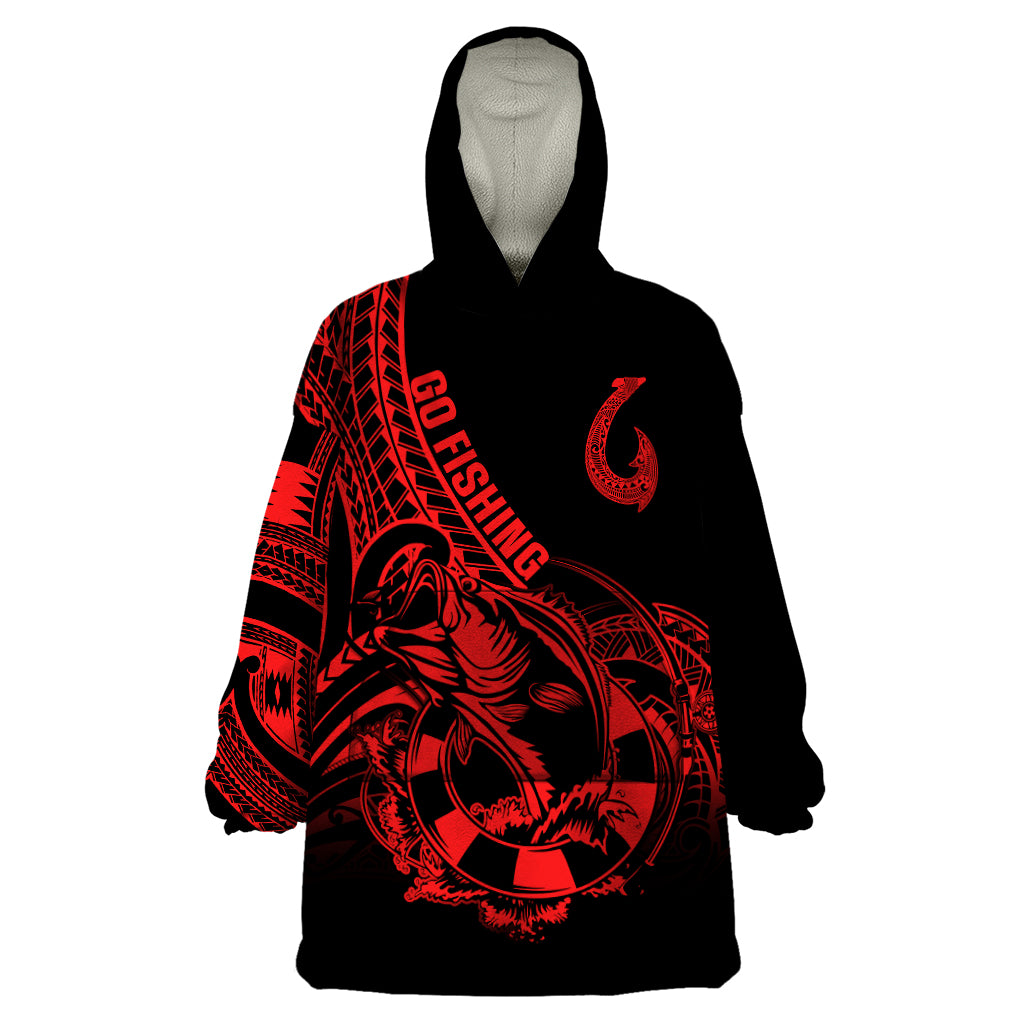 Polynesia Wearable Blanket Hoodie Fish Hook Tattoo Go Fishing Polynesian Pattern Red LT14 One Size Red - Polynesian Pride
