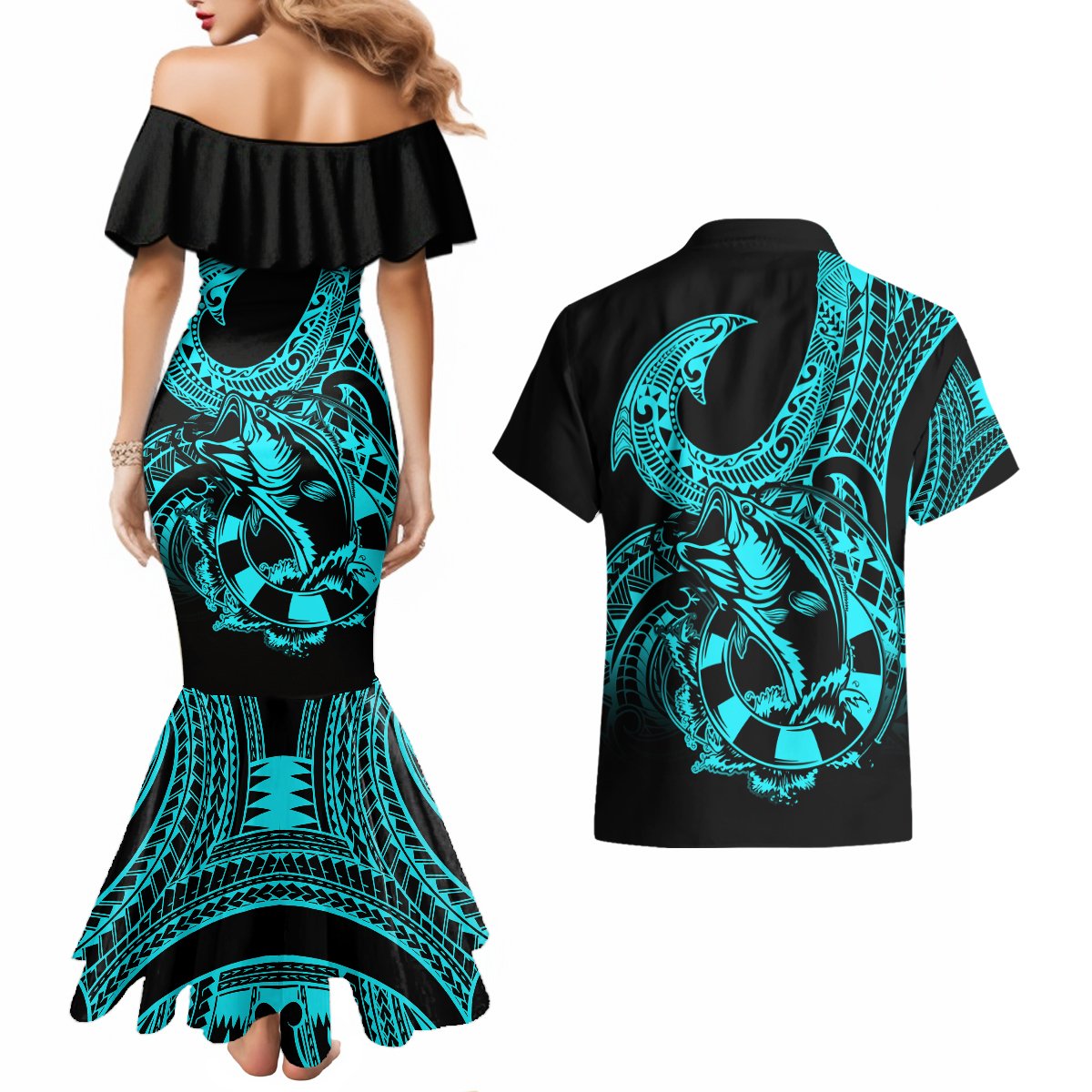 Polynesia Couples Matching Mermaid Dress and Hawaiian Shirt Fish Hook Tattoo Go Fishing Polynesian Pattern Turquosie LT14 - Polynesian Pride