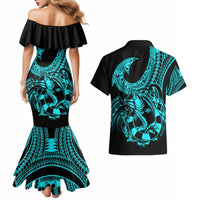 Polynesia Couples Matching Mermaid Dress and Hawaiian Shirt Fish Hook Tattoo Go Fishing Polynesian Pattern Turquosie LT14 - Polynesian Pride
