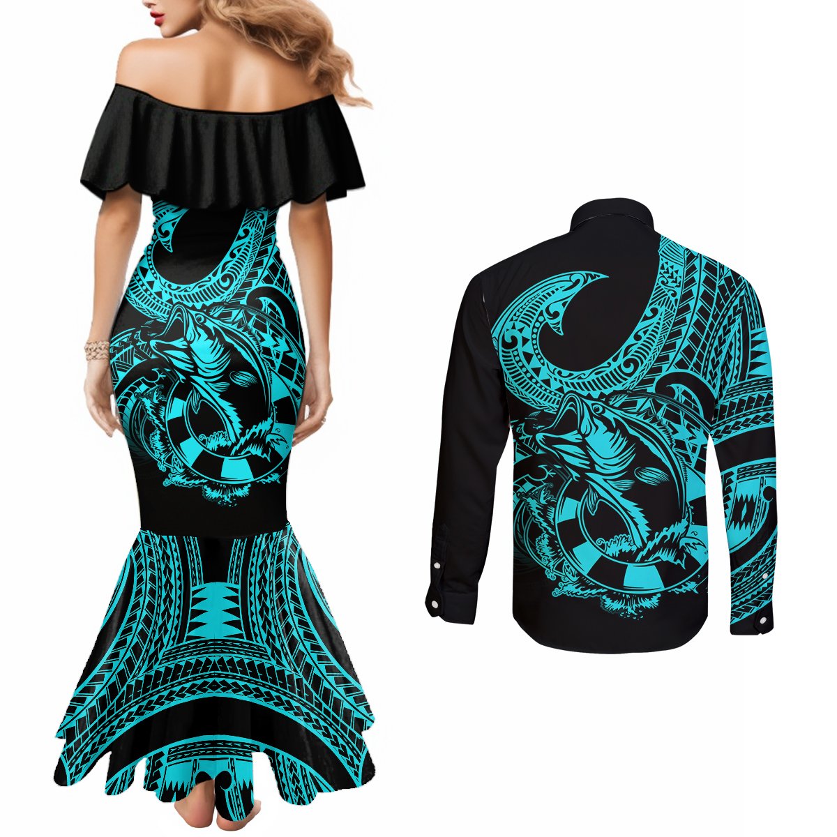 polynesia-couples-matching-mermaid-dress-and-long-sleeve-button-shirts-fish-hook-tattoo-go-fishing-polynesian-pattern-turquosie