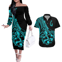 Polynesia Couples Matching Off The Shoulder Long Sleeve Dress and Hawaiian Shirt Fish Hook Tattoo Go Fishing Polynesian Pattern Turquosie LT14 Turquoise - Polynesian Pride