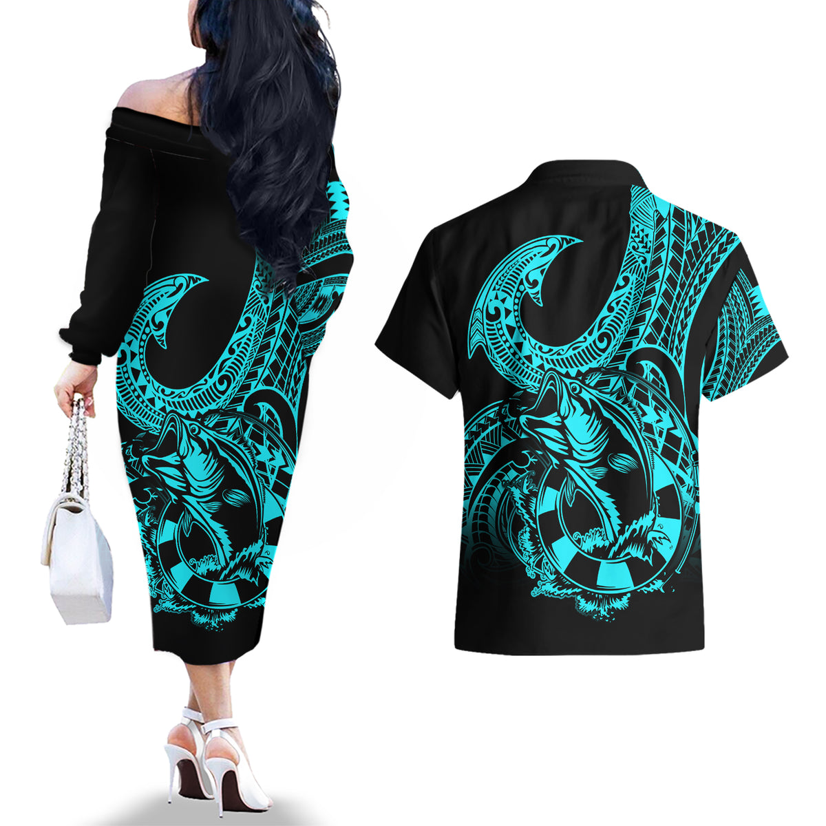 Polynesia Couples Matching Off The Shoulder Long Sleeve Dress and Hawaiian Shirt Fish Hook Tattoo Go Fishing Polynesian Pattern Turquosie LT14 - Polynesian Pride