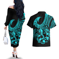 Polynesia Couples Matching Off The Shoulder Long Sleeve Dress and Hawaiian Shirt Fish Hook Tattoo Go Fishing Polynesian Pattern Turquosie LT14 - Polynesian Pride