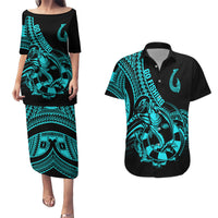 Polynesia Couples Matching Puletasi Dress and Hawaiian Shirt Fish Hook Tattoo Go Fishing Polynesian Pattern Turquosie LT14 Turquoise - Polynesian Pride