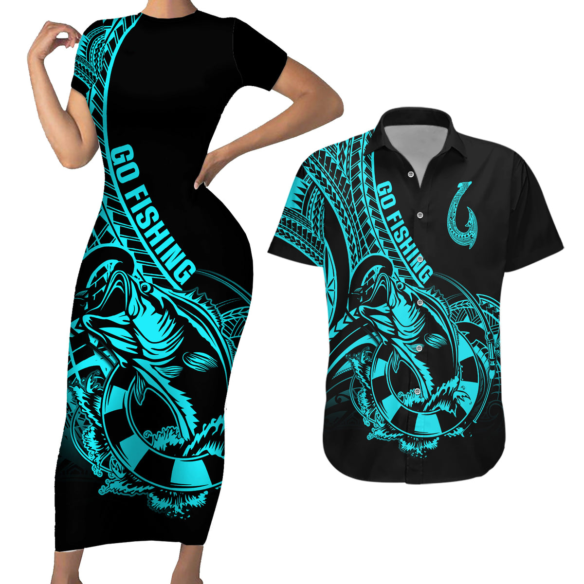 Polynesia Couples Matching Short Sleeve Bodycon Dress and Hawaiian Shirt Fish Hook Tattoo Go Fishing Polynesian Pattern Turquosie LT14 Turquoise - Polynesian Pride